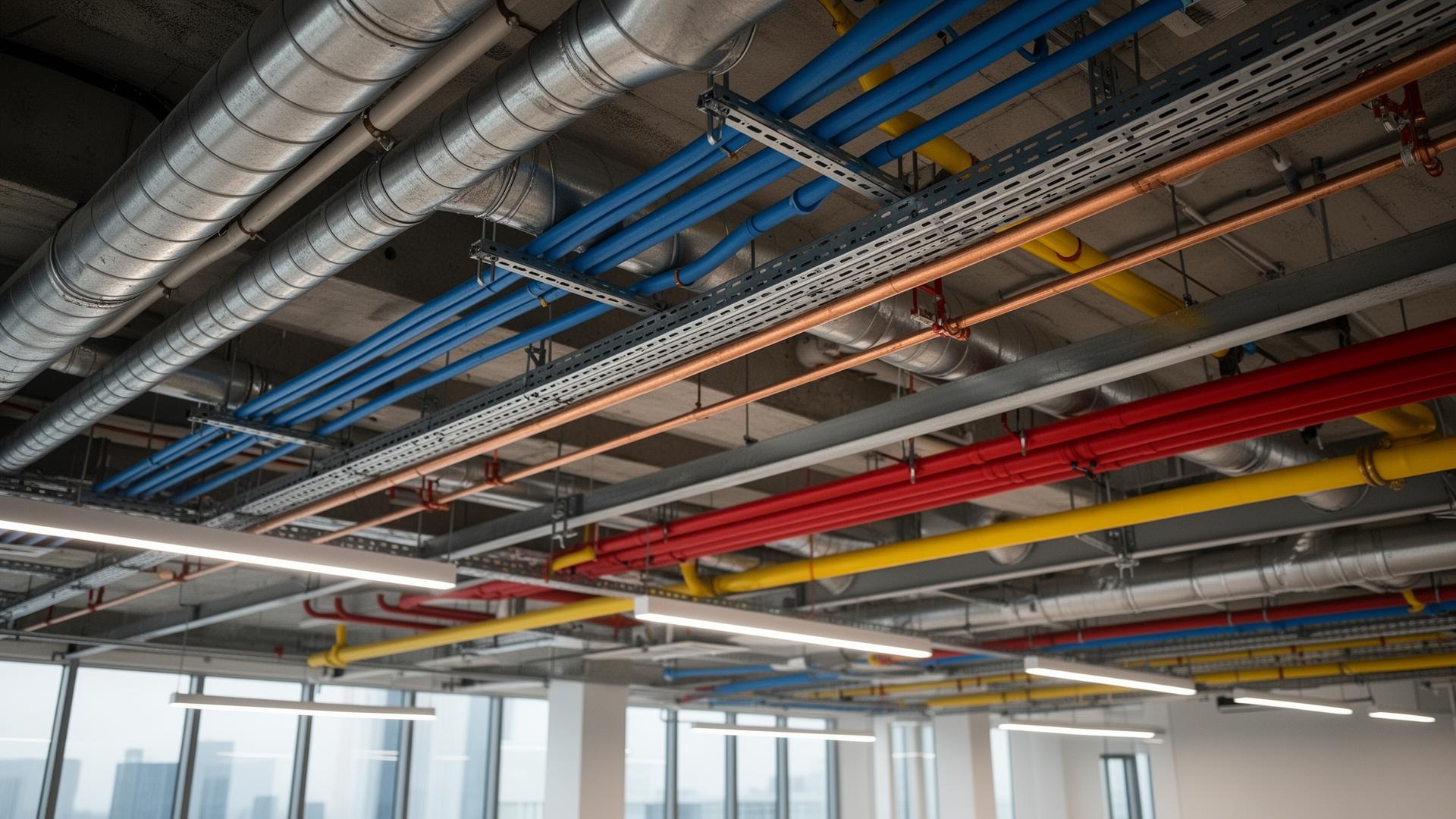 Coordinated MEP systems — ducts, piping and cable trays routed clash-free in a commercial ceiling plenum